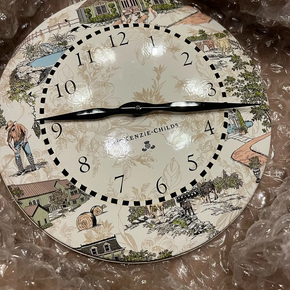 Large MacKenzie-Childs Country Farm Cottage Scenic Cream and Black Wall Clock